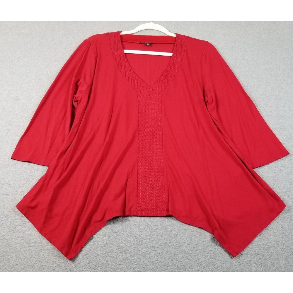 Adrianna Papell Tunic Top Women's XL Red Sharkbite Hem V-Neck 3/4 Sleeves Flowy - Picture 1 of 11